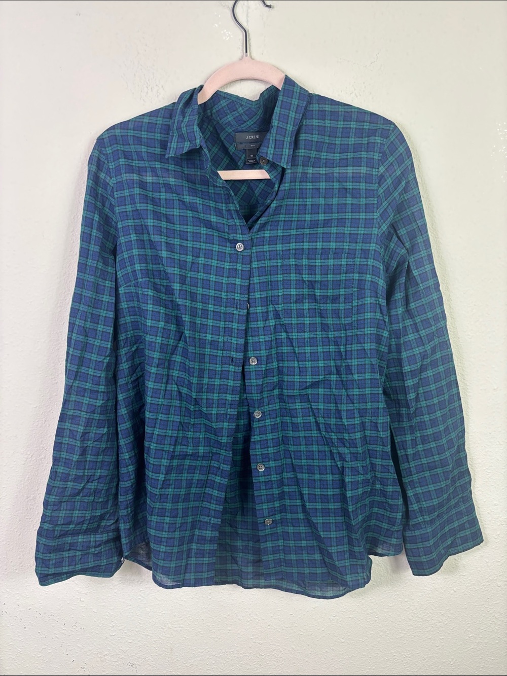 J. Crew Boy Shirt Button Down Long Sleeve Navy Blue Green Plaid Sz 10 - Picture 3 of 11